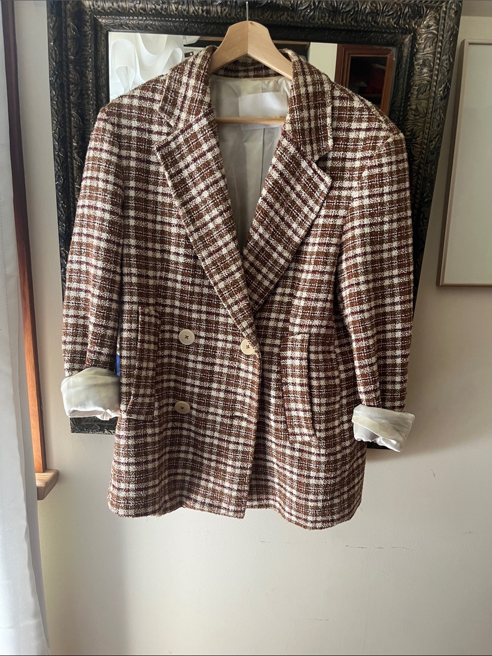 Plaid Double-Breasted Brown Tweed Blazer